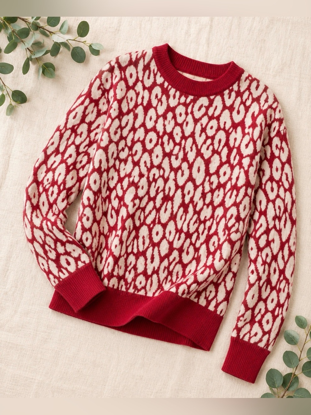 LOFT Animal Print Sweater Small Berry Red Cream Leopard Pullover